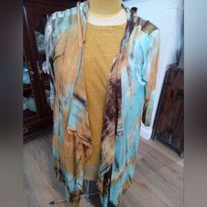Tie-Dye Open Front Hooded LongCardigan & Mustard Yellow Long Sleeve Tee Both NWT